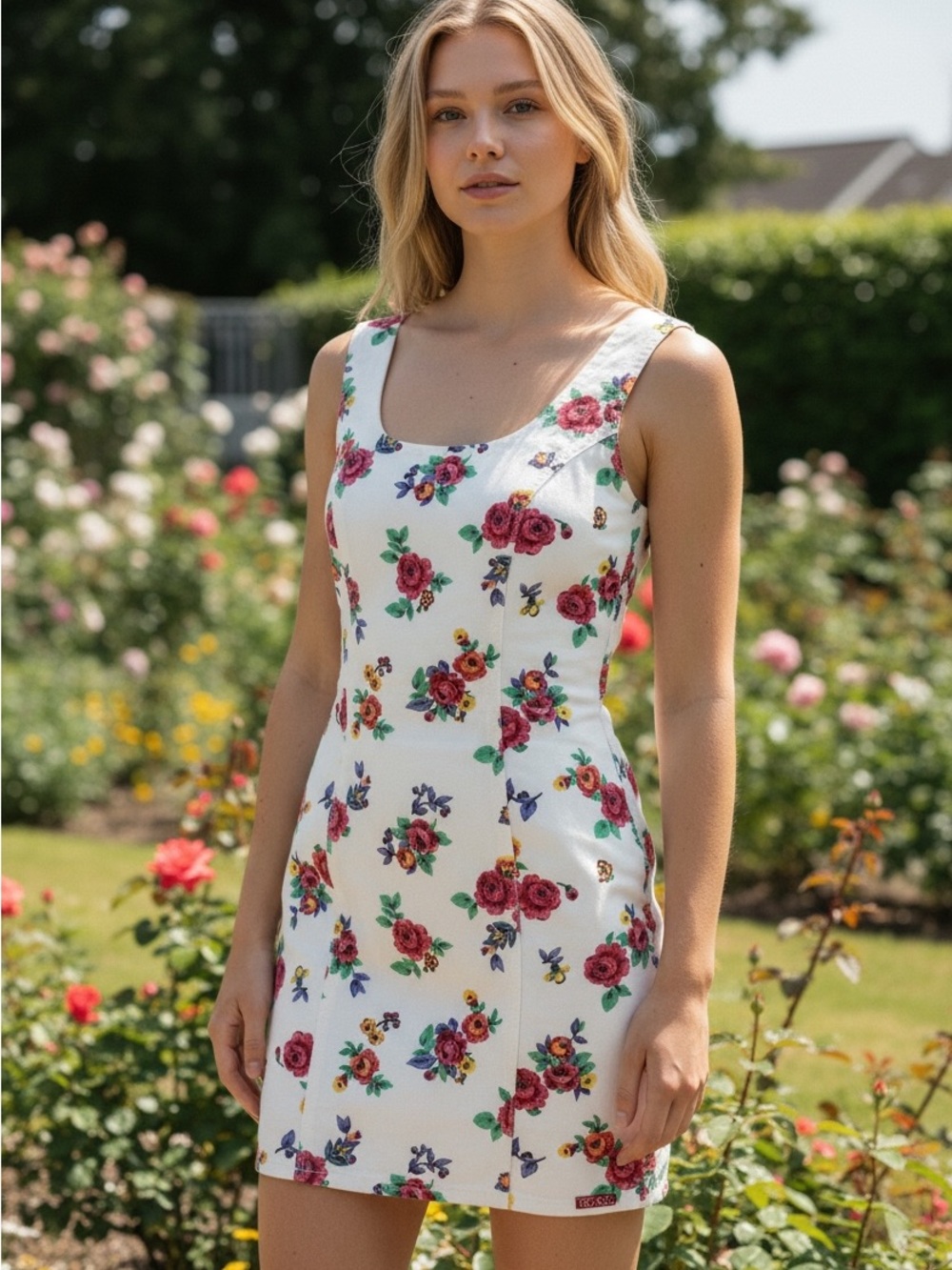 Bongo Vintage Y2K Floral Print White Denim Mini Dress Size 5